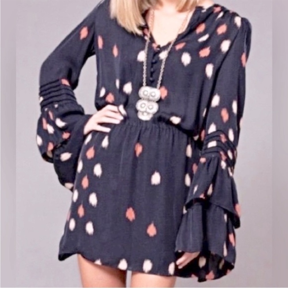 Parker Long Bell Sleeve Button Bodice Silk Navy Mini Dress size Small - Picture 2 of 16